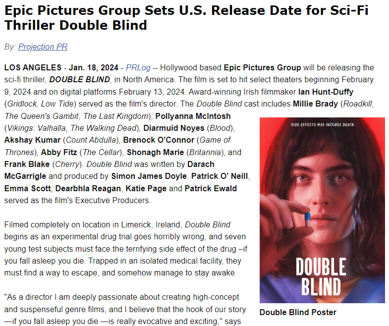 Epic Pictures Group Sets U.S. Release Date for Sci-Fi Thriller Double Blind